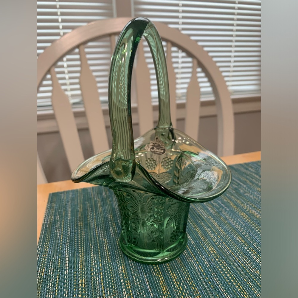 Fenton mini basket, green with butterfly motif